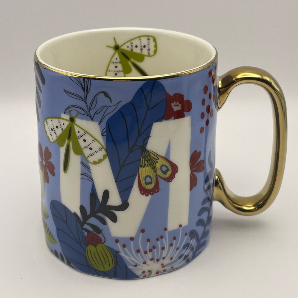 SH Home, Blue, Ceramic, Letter “M” Mug, Insects/Floral, Gold Handle/Rim, 16oz